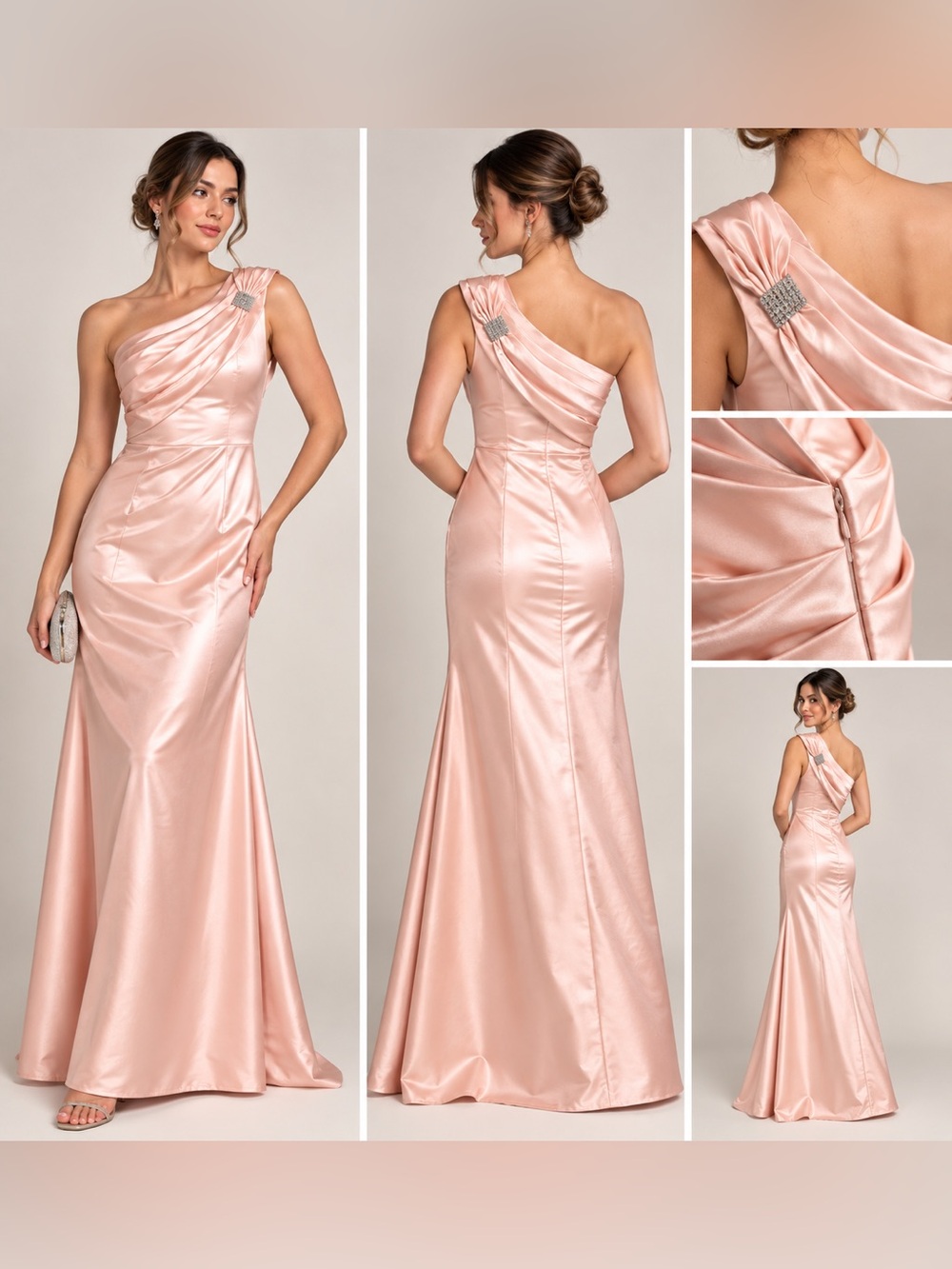 Chiclody Pink Satin One Shoulder Rhinestone Formal Gown Dress Size 8 NWT
